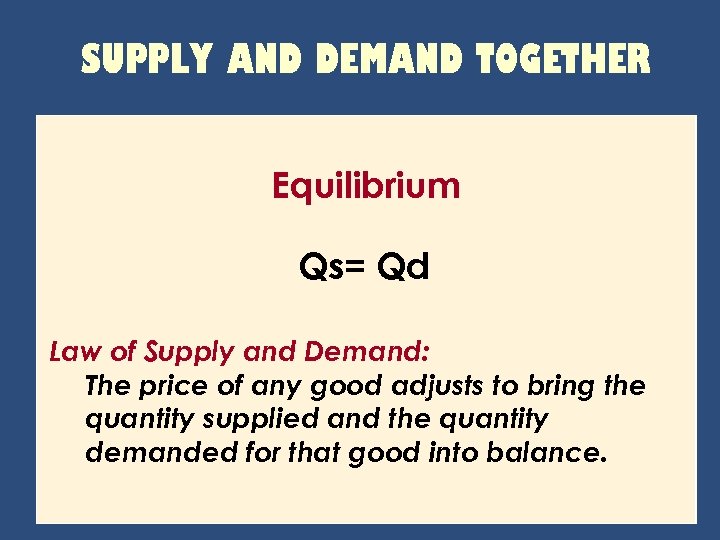 SUPPLY AND DEMAND TOGETHER Equilibrium Qs= Qd Law of Supply and Demand: The price
