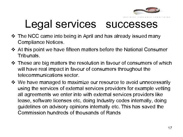 Legal services successes v The NCC came into being in April and has already