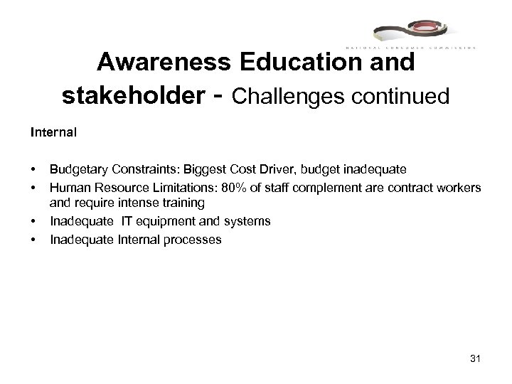 Awareness Education and stakeholder - Challenges continued Internal • • Budgetary Constraints: Biggest Cost
