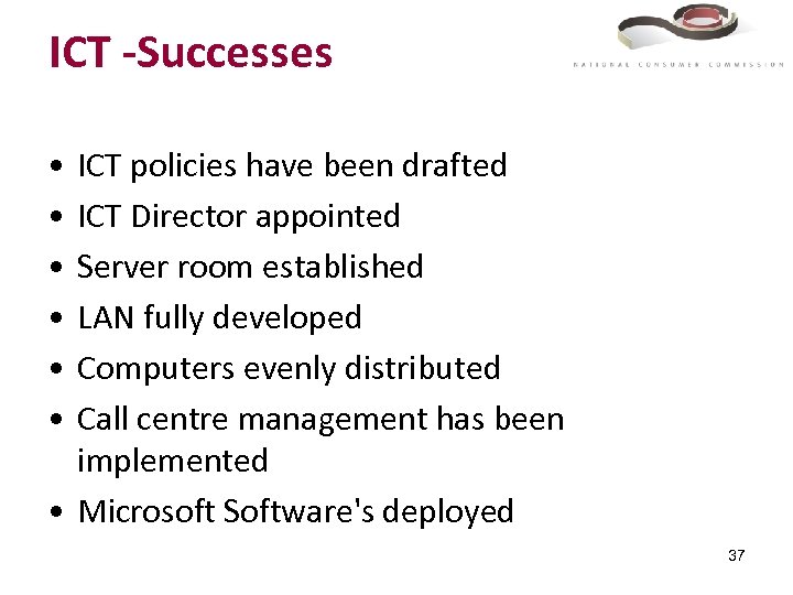 ICT -Successes • • • ICT policies have been drafted ICT Director appointed Server