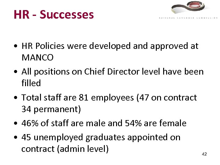 HR - Successes • HR Policies were developed and approved at MANCO • All