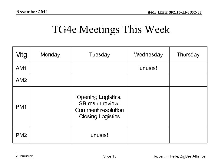 November 2011 doc. : IEEE 802. 15 -11 -0852 -00 TG 4 e Meetings