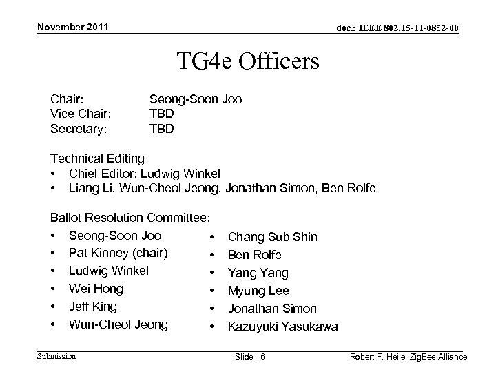November 2011 doc. : IEEE 802. 15 -11 -0852 -00 TG 4 e Officers