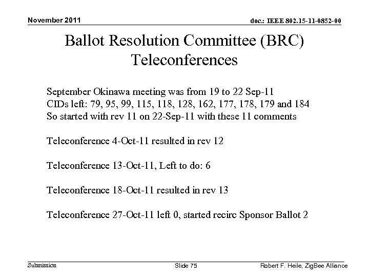 November 2011 doc. : IEEE 802. 15 -11 -0852 -00 Ballot Resolution Committee (BRC)