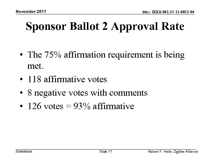 November 2011 doc. : IEEE 802. 15 -11 -0852 -00 Sponsor Ballot 2 Approval