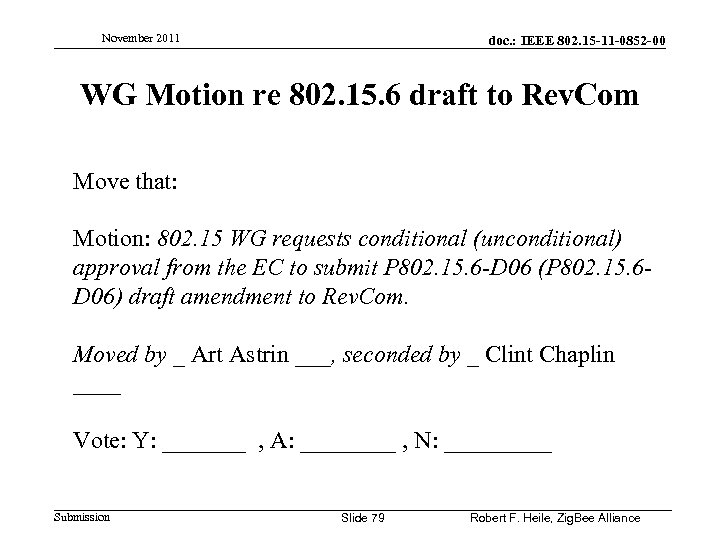 November 2011 doc. : IEEE 802. 15 -11 -0852 -00 WG Motion re 802.