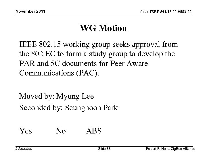 November 2011 doc. : IEEE 802. 15 -11 -0852 -00 WG Motion IEEE 802.