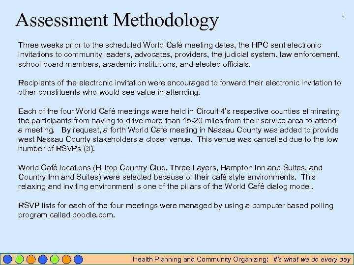 Assessment Methodology 1 Three weeks prior to the scheduled World Café meeting dates, the