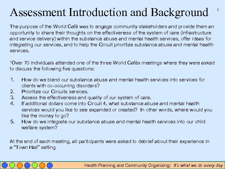 Assessment Introduction and Background 1 The purpose of the World Café was to engage