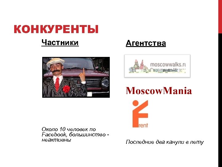 КОНКУРЕНТЫ Частники Агентства Около 10 человек по Facebook, большинство неактивны Последние два канули в