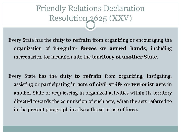 Friendly Relations Declaration Resolution 2625 (XXV) Every State has the duty to refrain from