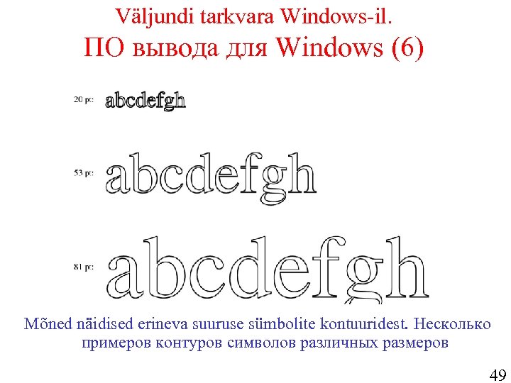 Väljundi tarkvara Windows-il. ПО вывода для Windows (6) Mõned näidised erineva suuruse sümbolite kontuuridest.