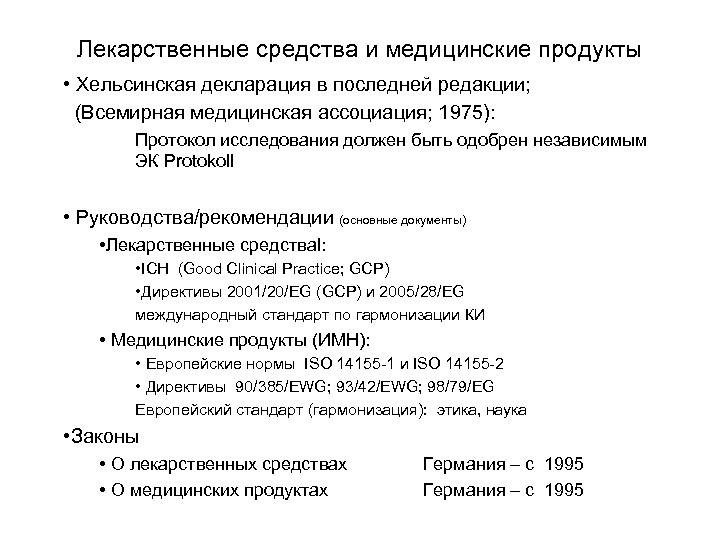 Лекарственные средства и медицинские продукты • Хельсинская декларация в последней редакции; (Всемирная медицинская ассоциация;