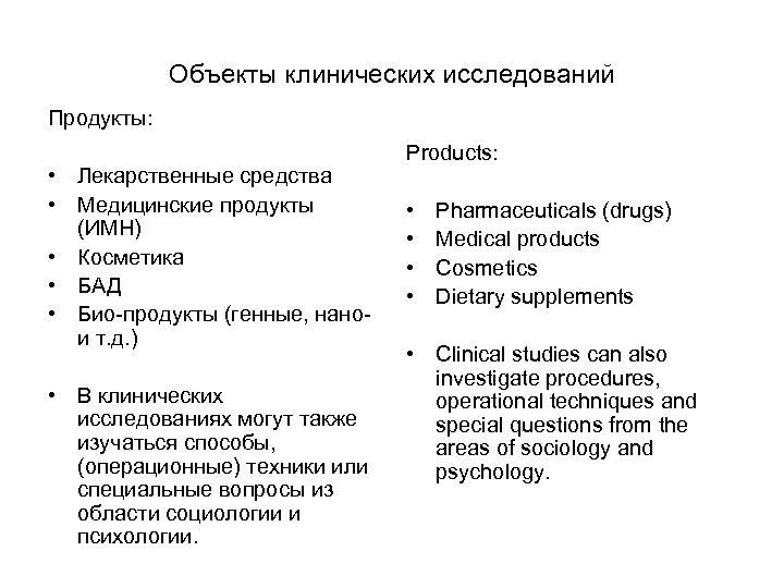 Объекты клинических исследований Продукты: • Лекарственные средства • Медицинские продукты (ИМН) • Косметика •