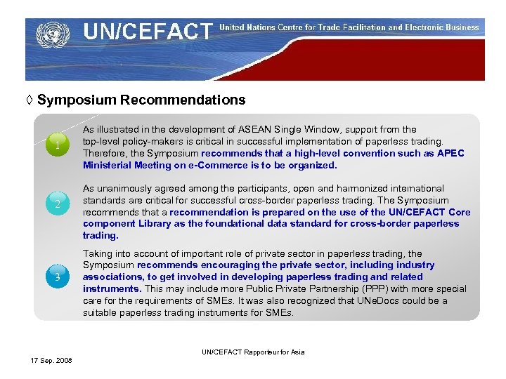 ◊ Symposium Recommendations 1 2 3 As illustrated in the development of ASEAN Single