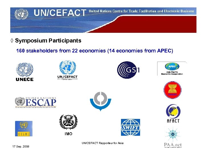 ◊ Symposium Participants 160 stakeholders from 22 economies (14 economies from APEC) UNECE UN/CEFACT