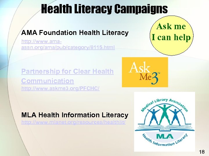Health Literacy Campaigns AMA Foundation Health Literacy http: //www. amaassn. org/ama/pub/category/8115. html Ask me