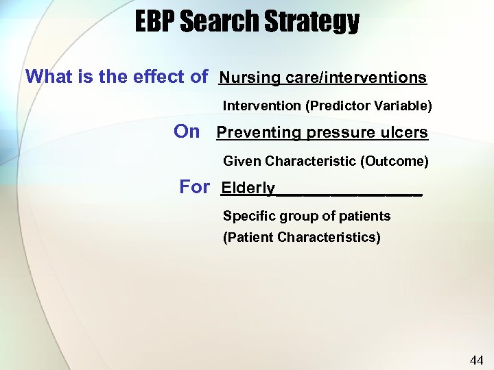 EBP Search Strategy What is the effect of Nursing care/interventions Intervention (Predictor Variable) On