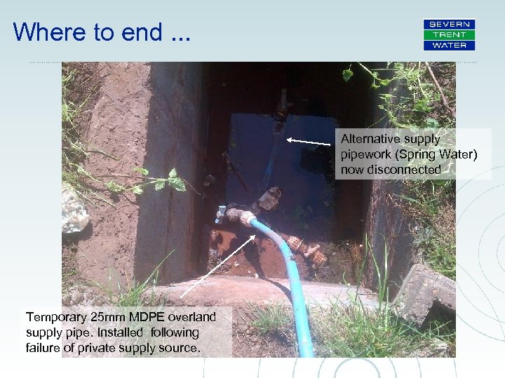 Where to end. . . Alternative supply pipework (Spring Water) now disconnected Temporary 25