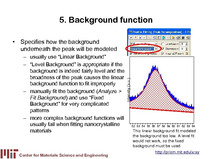 5. Background function – usually use “Linear Background” – “Level Background” is appropriate if