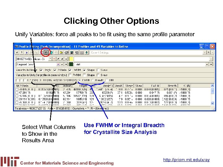 Clicking Other Options Unify Variables: force all peaks to be fit using the same