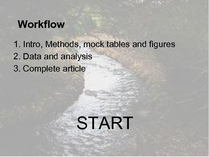 Workflow 1. Intro, Methods, mock tables and figures 2. Data and analysis 3. Complete