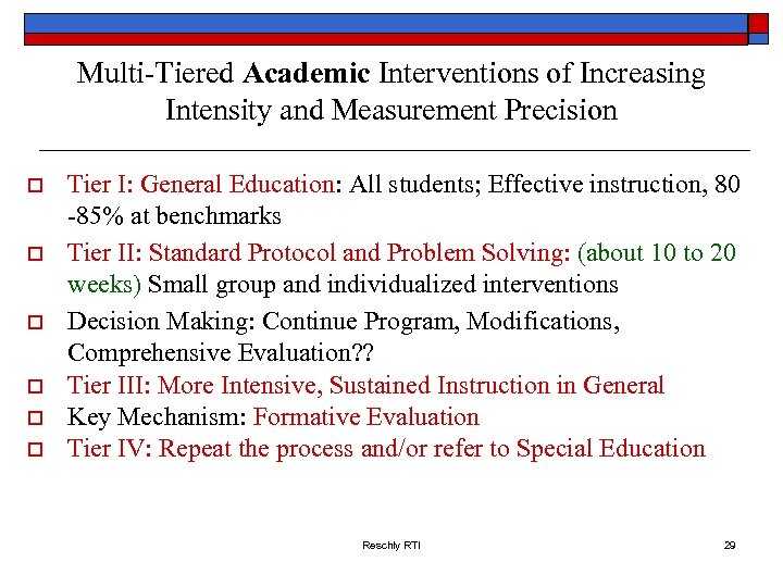 Multi-Tiered Academic Interventions of Increasing Intensity and Measurement Precision o o o Tier I: