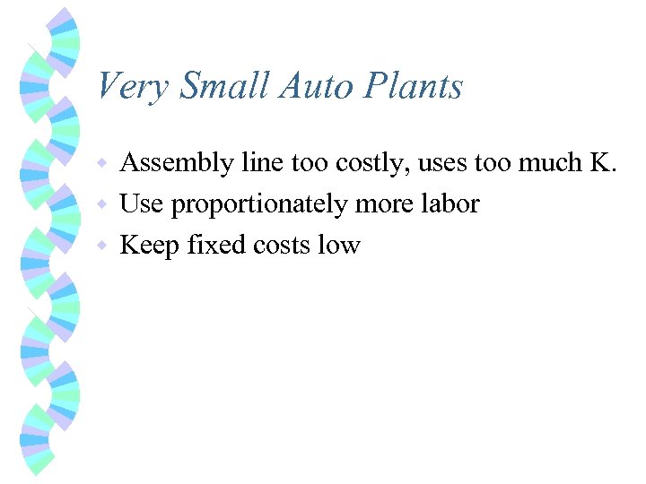 Very Small Auto Plants Assembly line too costly, uses too much K. w Use