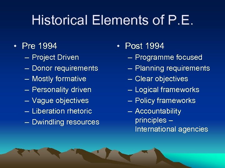 Historical Elements of P. E. • Pre 1994 – – – – Project Driven
