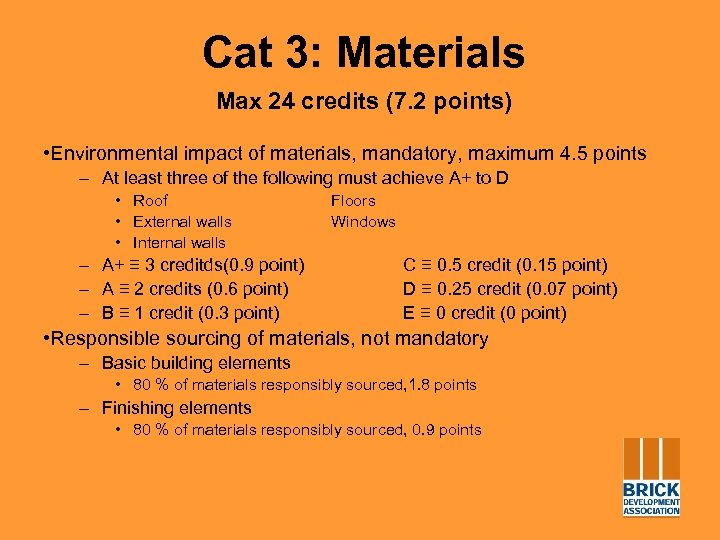 Cat 3: Materials Max 24 credits (7. 2 points) • Environmental impact of materials,