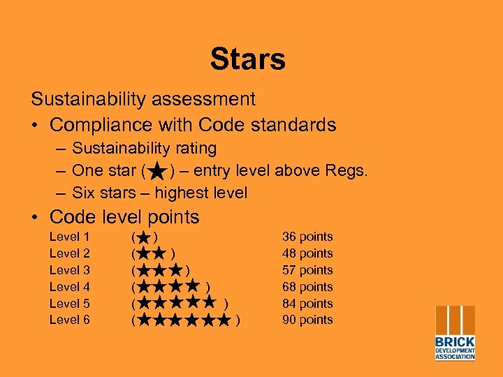 Stars Sustainability assessment • Compliance with Code standards – Sustainability rating – One star