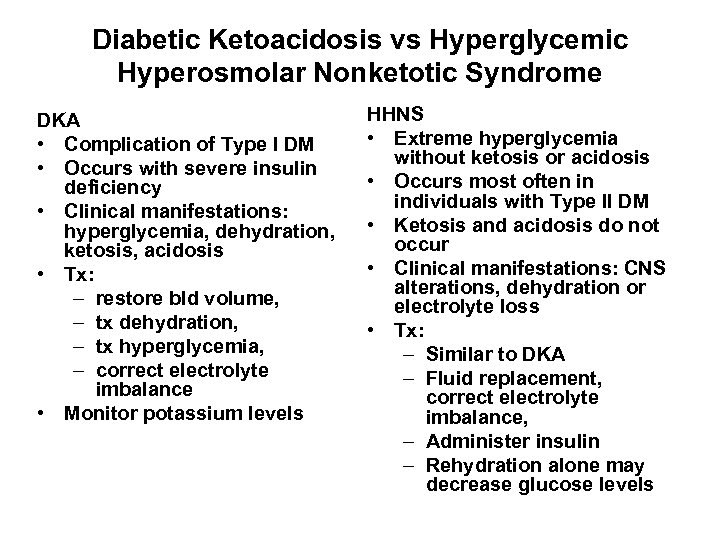 Diabetic Ketoacidosis vs Hyperglycemic Hyperosmolar Nonketotic Syndrome DKA • Complication of Type I DM