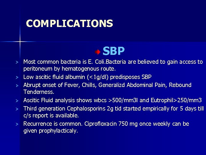 COMPLICATIONS SBP Most common bacteria is E. Coli. Bacteria are believed to gain access