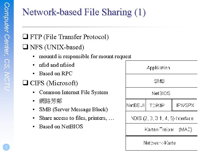Computer Center, CS, NCTU 2 Network-based File Sharing (1) q FTP (File Transfer Protocol)