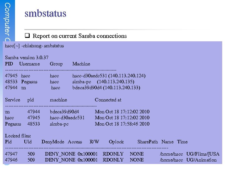 Computer Center, CS, NCTU smbstatus q Report on current Samba connections hscc[~] -chiahung- smbstatus