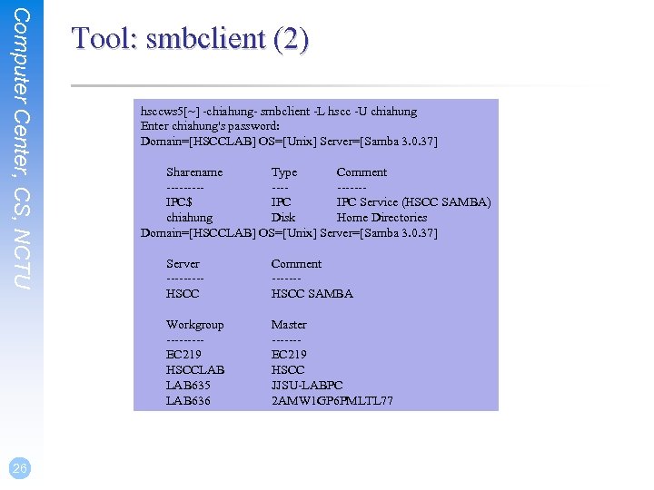 Computer Center, CS, NCTU Tool: smbclient (2) hsccws 5[~] -chiahung- smbclient -L hscc -U