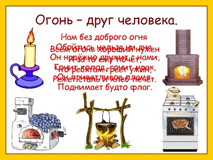Огонь – друг человека. Нам без доброго огня Обойтись хороший дня. Всем огонь нельзя