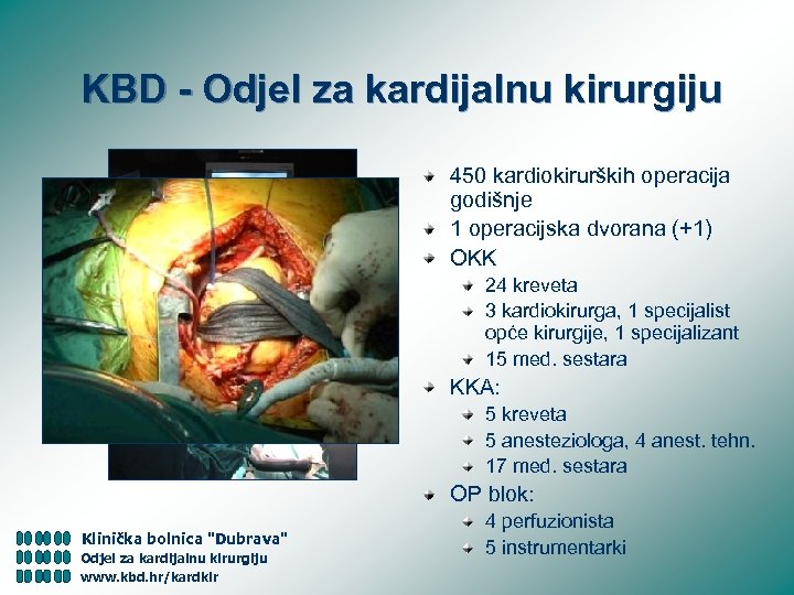 KBD - Odjel za kardijalnu kirurgiju 450 kardiokirurških operacija godišnje 1 operacijska dvorana (+1)