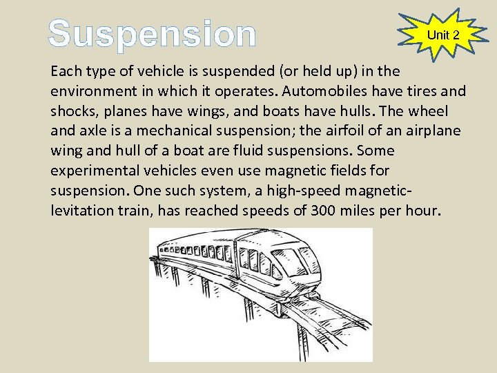 Suspension Unit 2 Each type of vehicle is suspended (or held up) in the