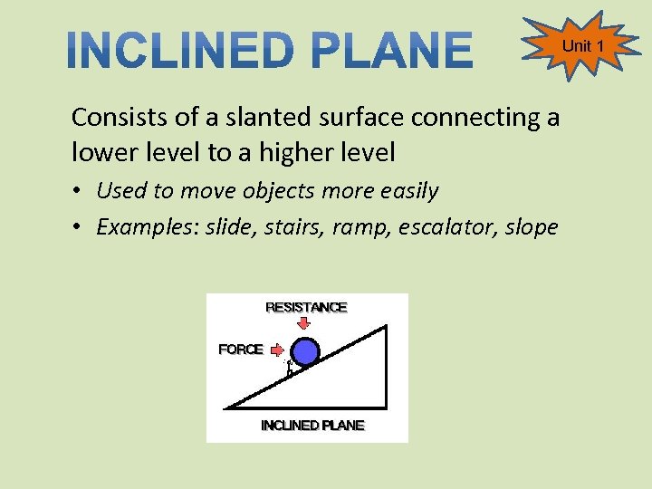 Unit 1 Consists of a slanted surface connecting a lower level to a higher