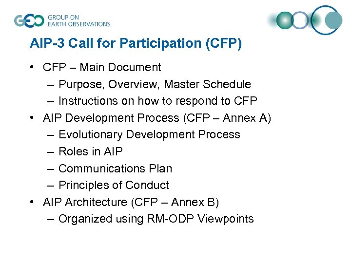 AIP-3 Call for Participation (CFP) • CFP – Main Document – Purpose, Overview, Master