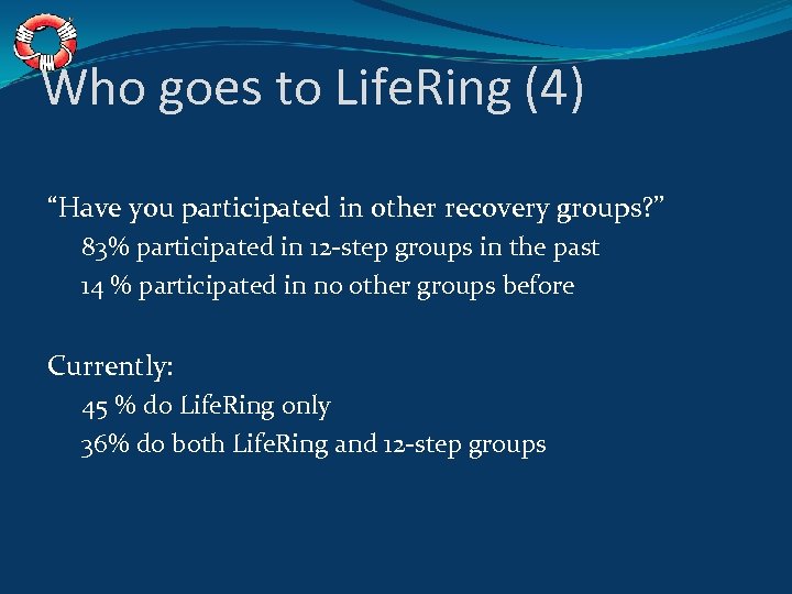Who goes to Life. Ring (4) “Have you participated in other recovery groups? ”