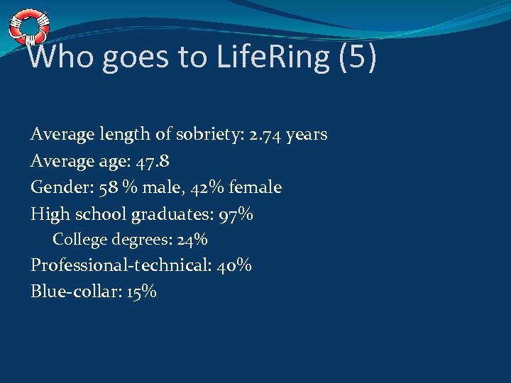 Who goes to Life. Ring (5) Average length of sobriety: 2. 74 years Average