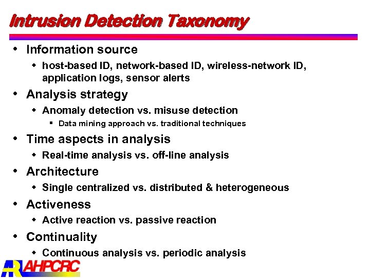 Intrusion Detection Taxonomy Information source w host based ID, network based ID, wireless network