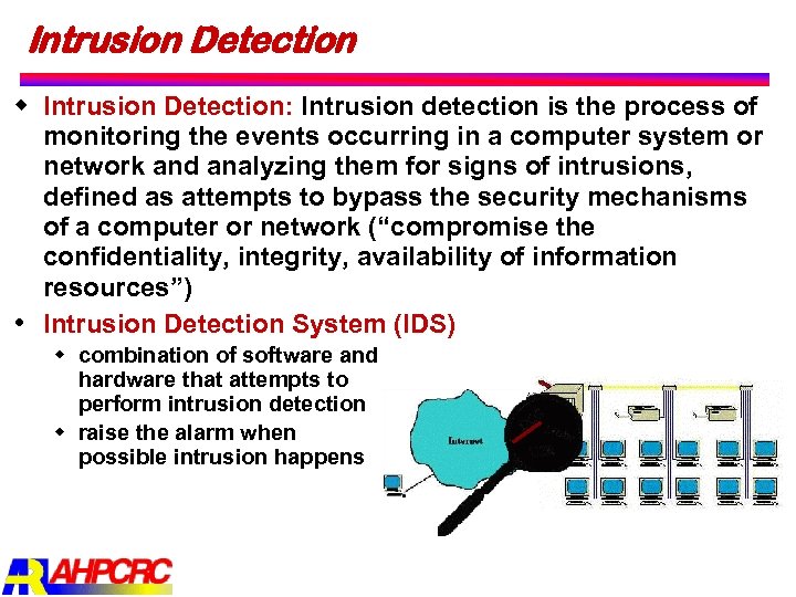 Intrusion Detection w Intrusion Detection: Intrusion detection is the process of monitoring the events