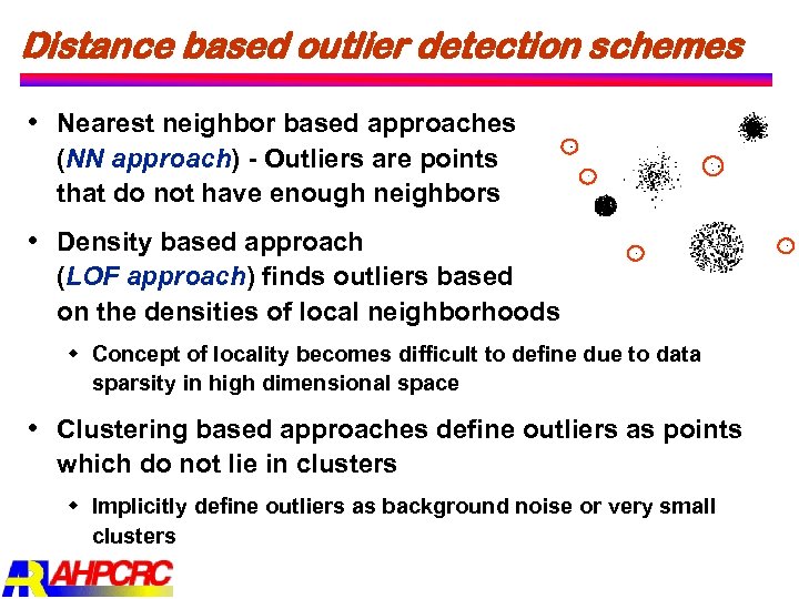 Distance based outlier detection schemes Nearest neighbor based approaches (NN approach) Outliers are points