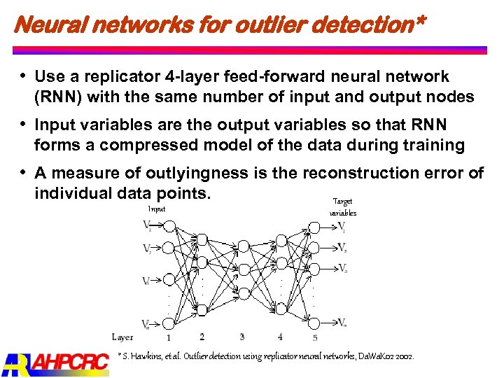 Neural networks for outlier detection* Use a replicator 4 layer feed forward neural network