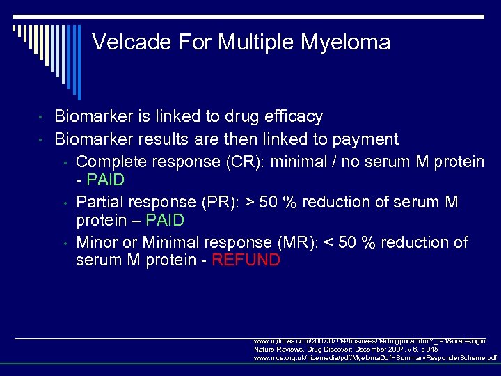 Velcade For Multiple Myeloma • • Biomarker is linked to drug efficacy Biomarker results