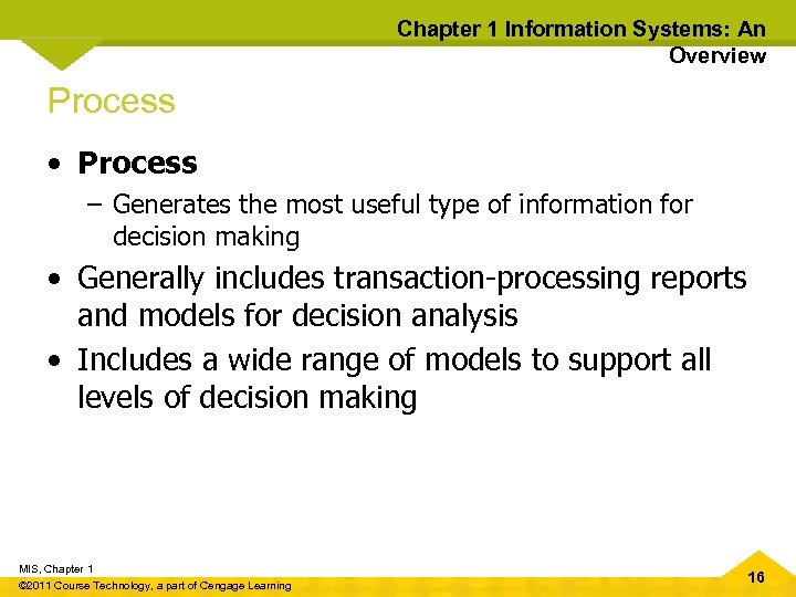 Chapter 1 Information Systems: An Overview Process • Process – Generates the most useful
