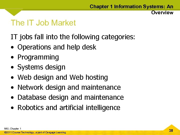 Chapter 1 Information Systems: An Overview The IT Job Market IT jobs fall into